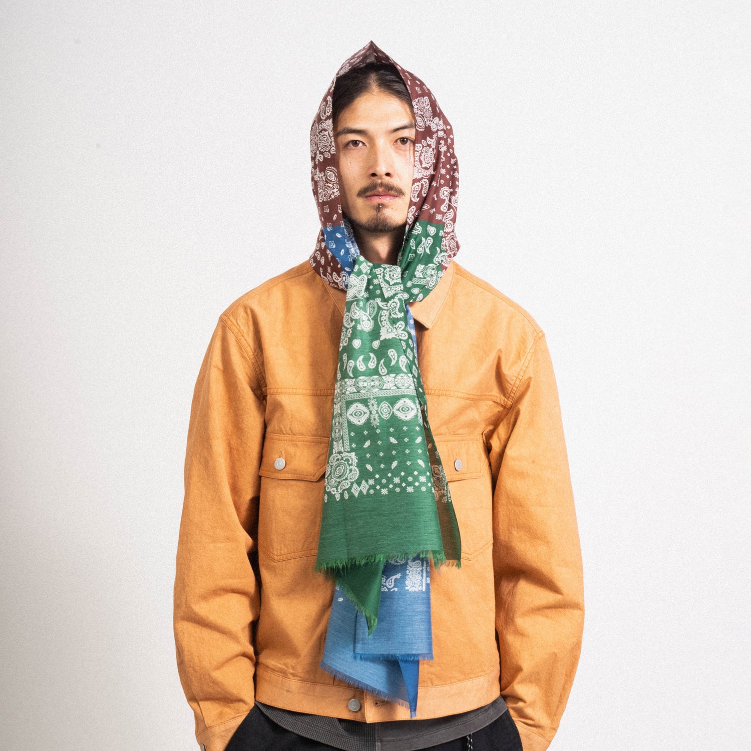 [EASTLOGUE] SILK SCARF _ GREEN & BROWN & BLUE