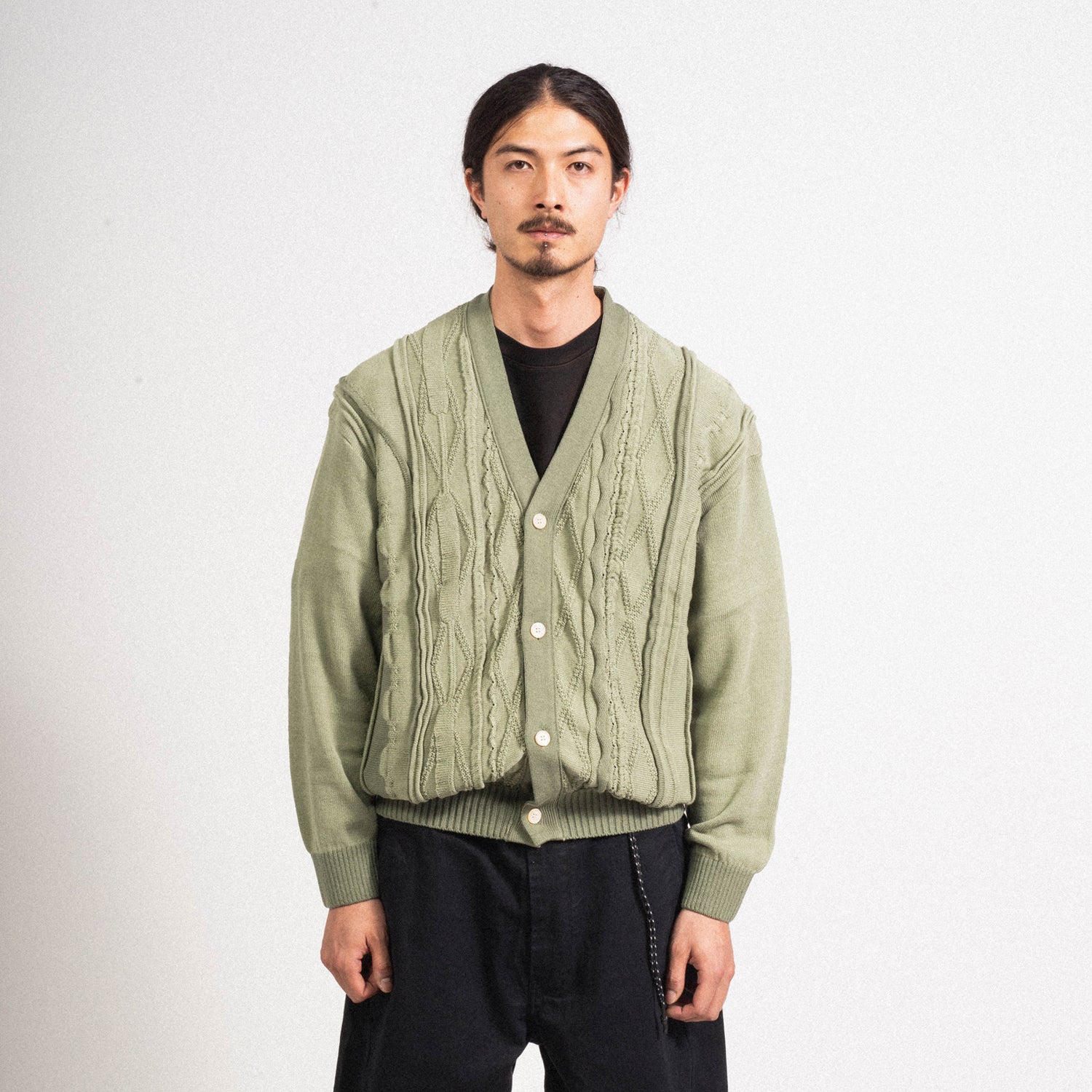 [EASTLOGUE] ASYMMETRICAL CABLE CARDIGAN _ SAGE GREEN