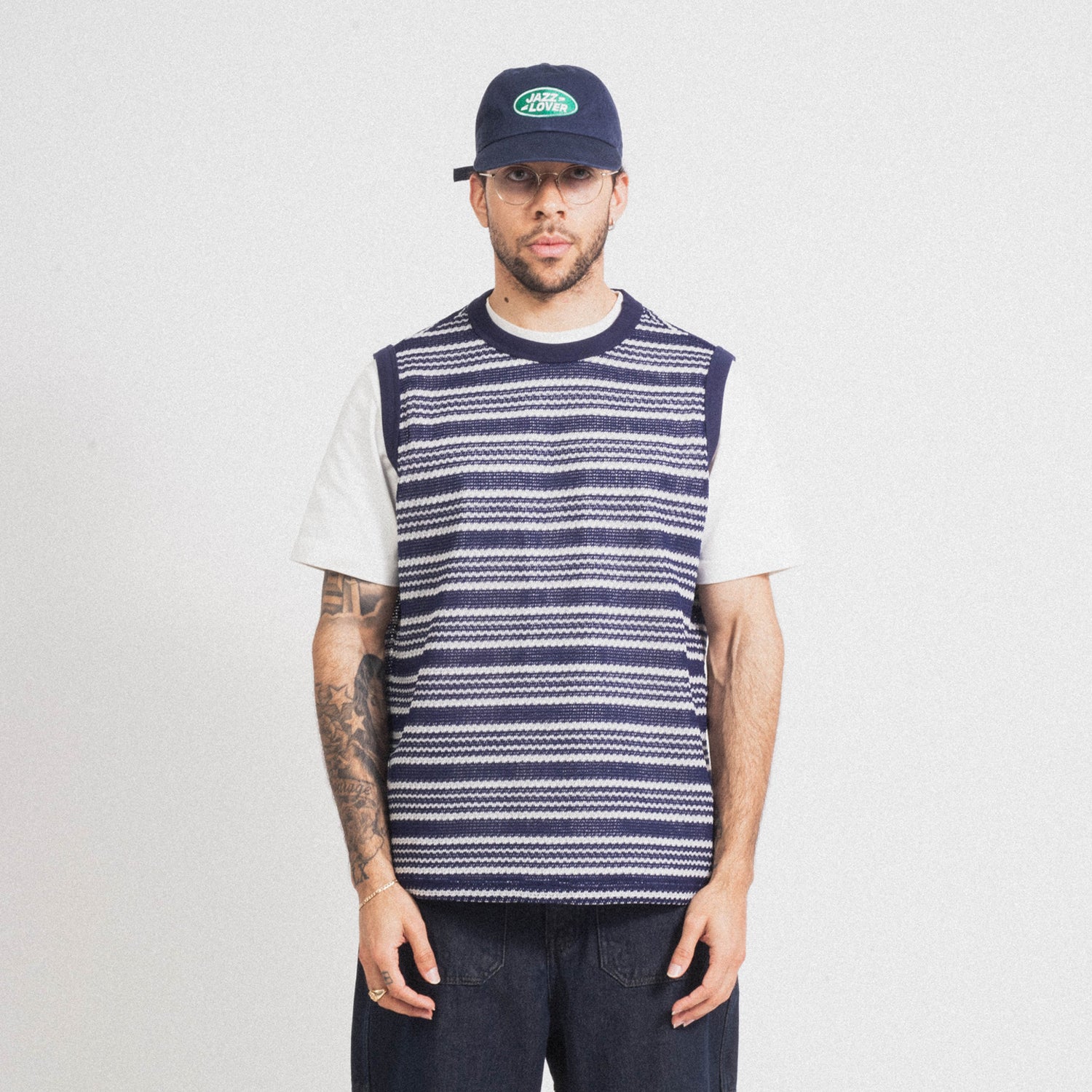 [AFTER PRAY] KNITTING MESH SLEEVELESS T-SHIRTS _ NAVY