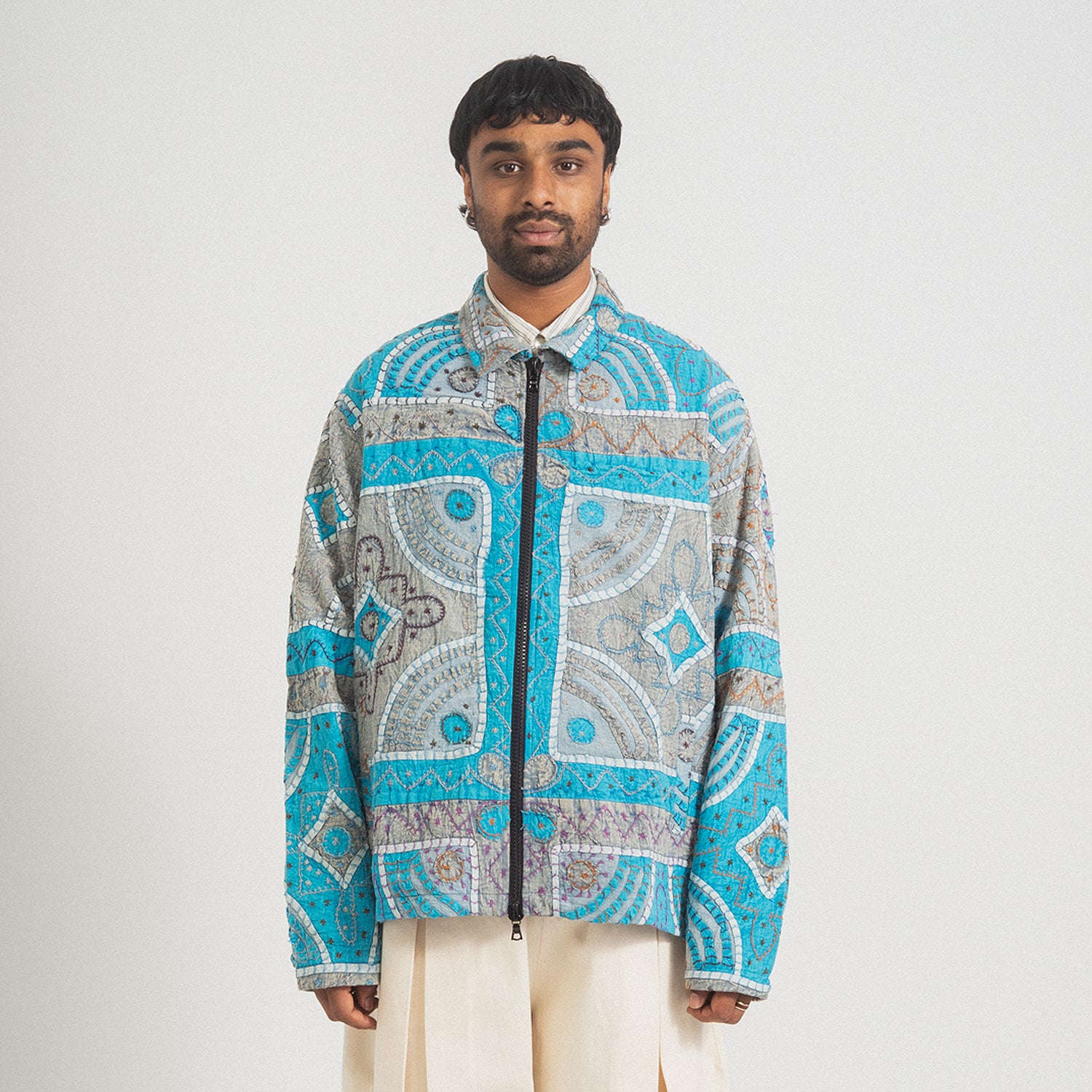 [KARTIK RESEARCH] HAND QUILTED ZIP WORK JACKET _ BLUE/WHITE/YELLOW