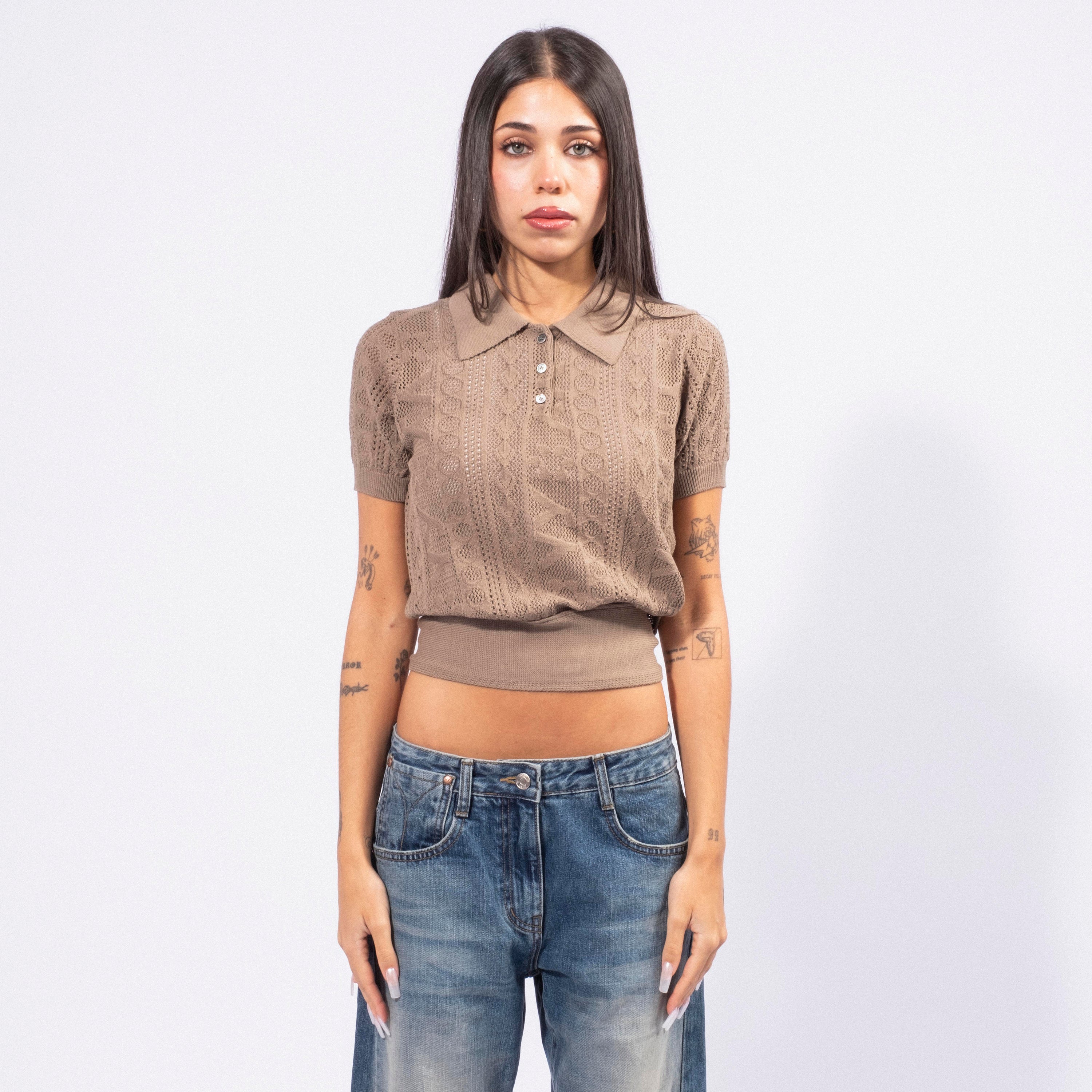 [OPEN YY] YY JACQUARD KNIT POLO SHIRT _ BROWN