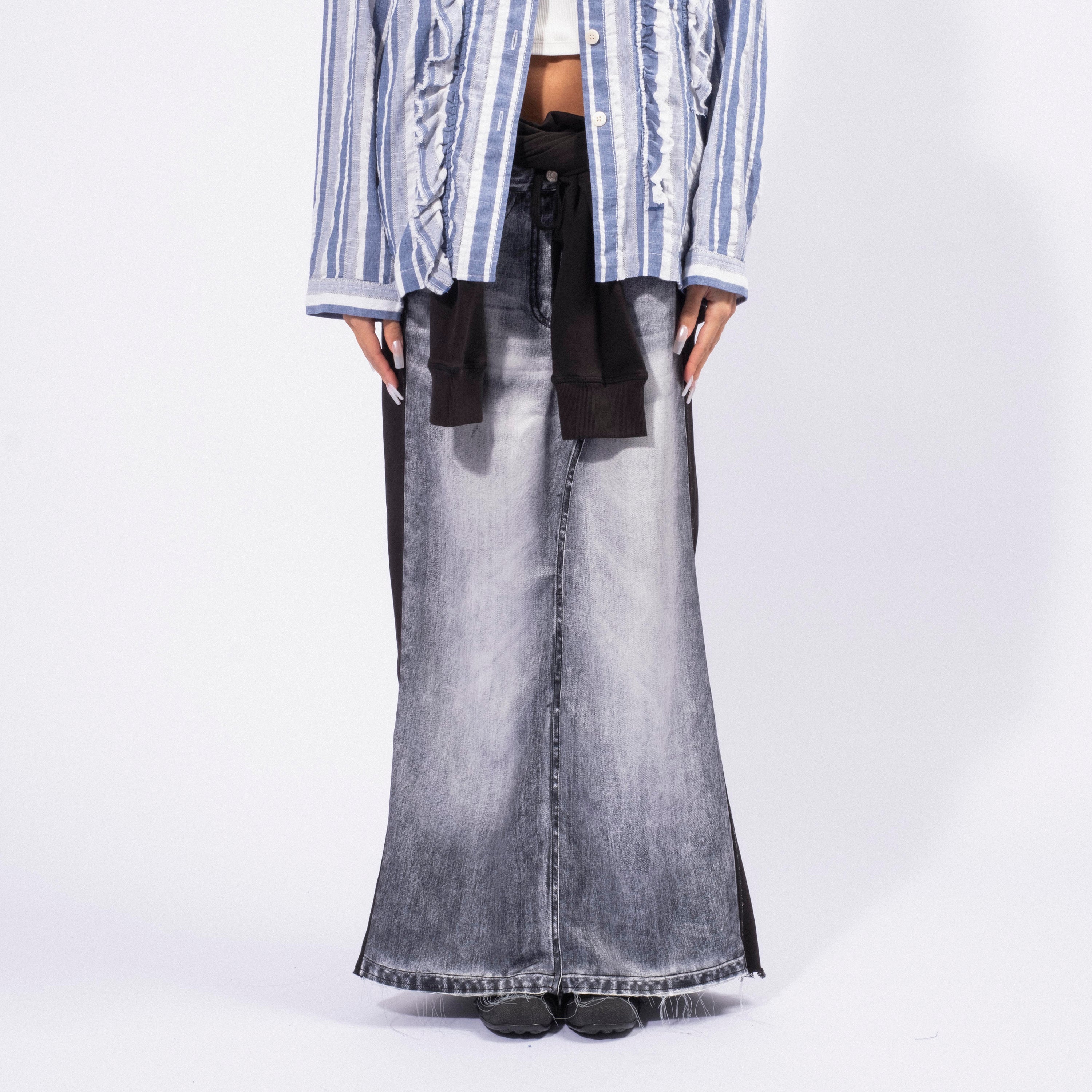 [OPEN YY] FRONT JEAN EFFECT JERSEY SKIRT _ BLACK