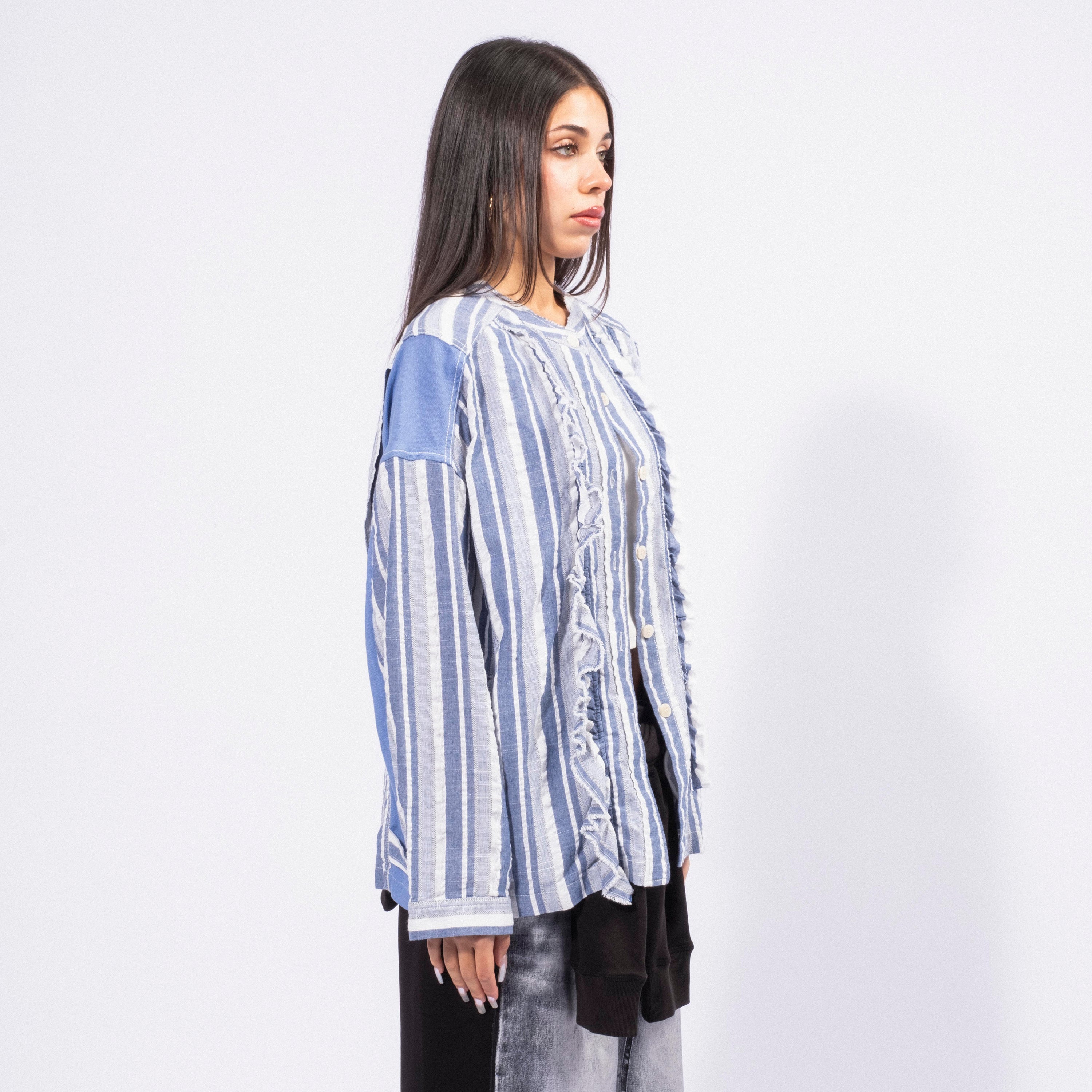 [OPEN YY] STRIPE RUFFLE SHIRT _ BLUE