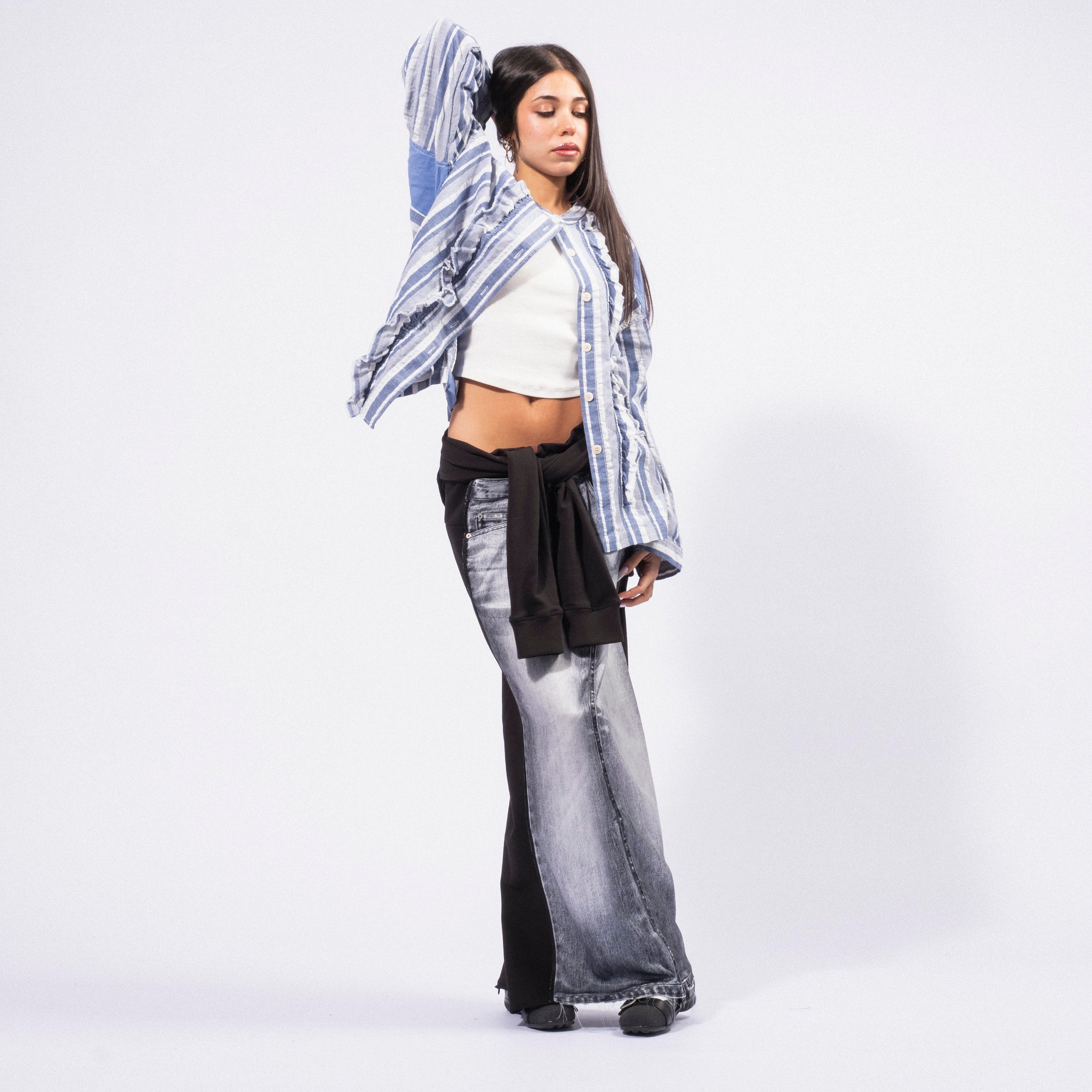 [OPEN YY] / ☆ 25SS FRONT JEAN EFFECT JERSEY SKIRT / BLACK OPEN YY] FRONT JEAN EFFECT JERSEY SKIRT _ BLACK